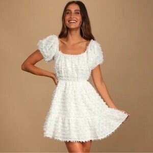 LULU’S A Day With You White Puff Sleeve Skater Mini Dress Size medium